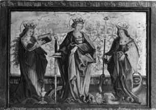 Retabel aus Oberstdorf : Retabel aus Oberstdorf. Tafelmalerei auf Fichtenholz (1515; J. Schick). Bildfeld mit den drei weiblichen Heiligen Barbara, Katharine und Margareta. München, Bayerisches Nationalmuseum