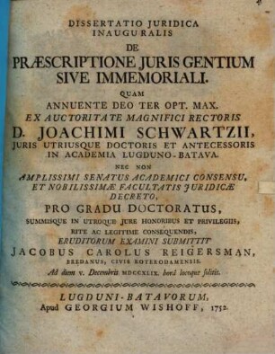 Dissertatio juridica inauguralis de praescriptione juris gentium sive immemoriali