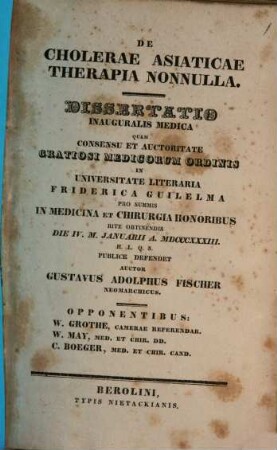 De cholerae Asiaticae therapia nonnulla : dissertatio inauguralis medica