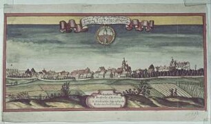 Wahrer Prospekt der Stadt Finsterwalde : Wahrer Prospekt der Stadt Finsterwalde. Stich, koloriert (1724; C. Rosenlecher)