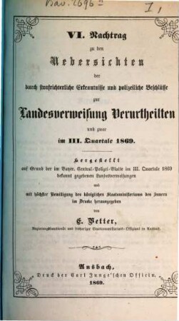 Übersicht der durch strafrichterliche Erkenntnisse und polizeiliche Beschlüsse zur Landesverweisung Verurtheilten. 1869, Quartal 3 = Nachtr. 6