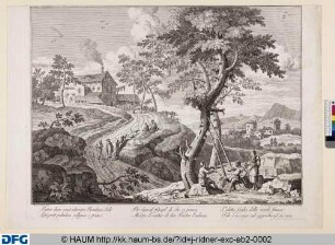 Landschaft mit großem Baum an den eine Leiter gelehnt ist