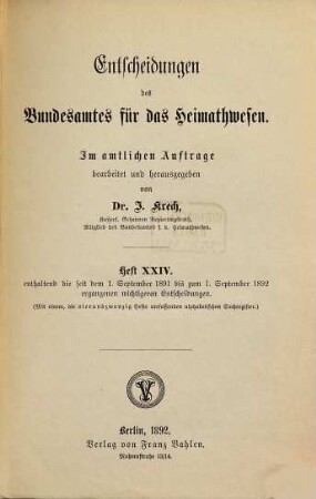 Entscheidungen des Bundesamtes für das Heimatwesen. 24. 1891/92 (1892), 1. Sept. - 1. Sept.