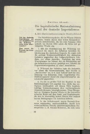 Zweiter Abend: Die kapitalistische Rationalisierung und der deutsche Imperialismus