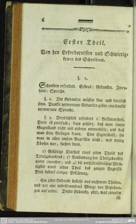 Erster Theil. Von den Erfordernissen und Schwierigkeiten des Schreibens