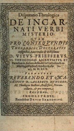 Disputatio theologica de incarnati verbi mysterio