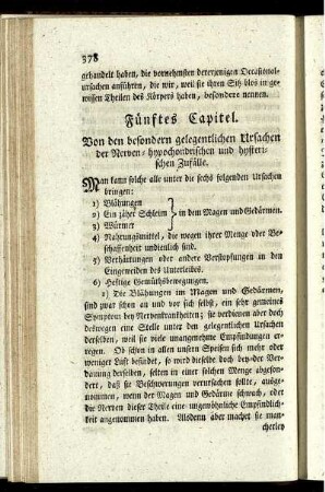 Fünftes Capitel. Von den besondern gelegentlichen Ursachen der Nerven- hypochondrischen und hysterischen Zufälle.