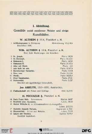 I. Abteilung. Gemälde meist moderner Meister und einige Kunstblätter (Nr. 1-273)