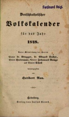 Deutschkatholischer Volkskalender : für d. Jahr .... 1848