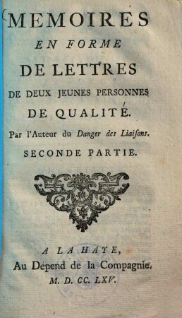 Mémoires en Forme de Lettres de deux jeunes Personnes de Qualité, 2