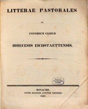 Litterae pastorales ad universum Clerum dioecesis Eichstaettensis