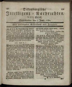 XXII. Stück. Sonnabends : den 1. Junii, 1782.