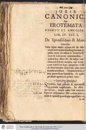 JURIS CANONICI Per EROTEMATA DIGESTI ET ENUCLEATI LIB. IV. TIT. I. De Sponsalibus 6 Matrimmoniis.