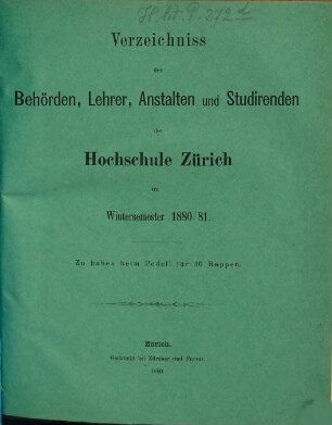 Verzeichnis der Behörden, Dozenten, Anstalten und Studierenden. 1880/81, WS