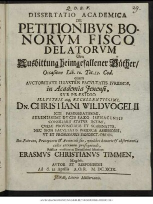 Dissertatio Academica De Petitionibus Bonorum Fisco Delatorum : Occasione Lib. 10. Tit. 12. Cod.