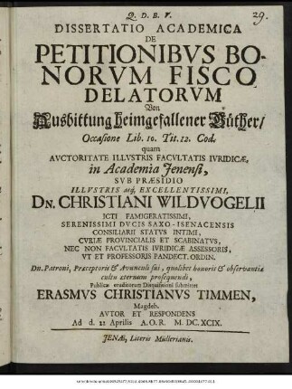 Dissertatio Academica De Petitionibus Bonorum Fisco Delatorum : Occasione Lib. 10. Tit. 12. Cod.