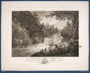 Der Wasserfall der Wesenitz im Liebethaler Grund bei Lohmen in der Sächsischen Schweiz mit Fischern an Reuse und Netzen, mit einer Widmung an Aleksandra Potocka, Prinzessin Lubomirska (1760-1831)