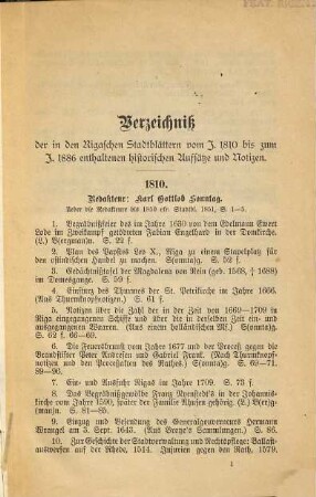Verzeichnis der in den Rigaschen Stadtblättern vom J. 1810 bis zum J. 1886 enthaltenen historischen Aufsätze und Notizen : nebst alphabetischem Personen- und Sachregister