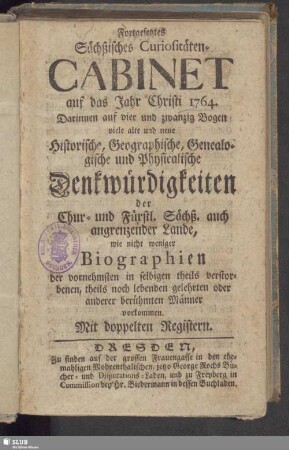 1764: Fortgesetzte alte und neue Curiosa Saxonica