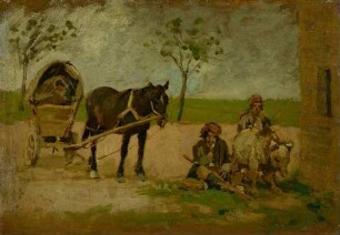 Schausteller*innen mit Pferdewagen und Bär auf der Rast (historischer Titel: "***")