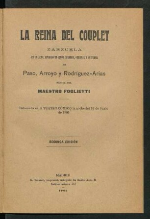 La reina del couplet : zarzuela en un acto, dividido en cinco cuadros, original y en prosa