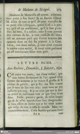 Lettre DCXII. Aux Rochers, Dimanche, 8. Janvier, 1690
