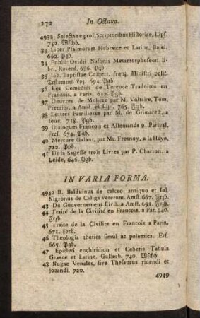 272-286, In Varia Forma. In Folio. In Qvarto. In Octavo.