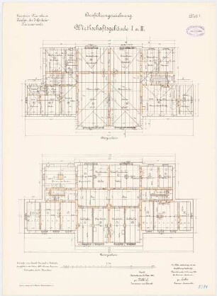 Garnison des Infanterie-Kasernements, Mannheim Wirtschaftsgebäude I und II: Grundriss Untergeschoss, Obergeschoss 1:100