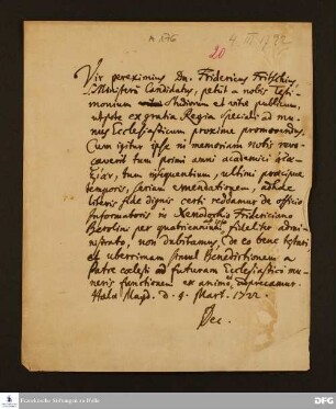 Testimonium der Theologischen Fakultät Halle für Friedrich Fritsch.