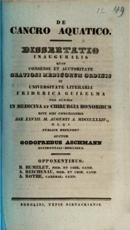 De cancro aquatico : dissertatio inauguralis