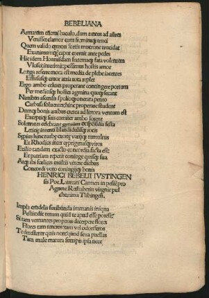 Henrici Bebelii Iustingensis Poe. Laureati Carmen in pestem pro Agnete Rethaberin ...