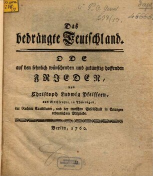 Das bedrängte Teutschland : Ode