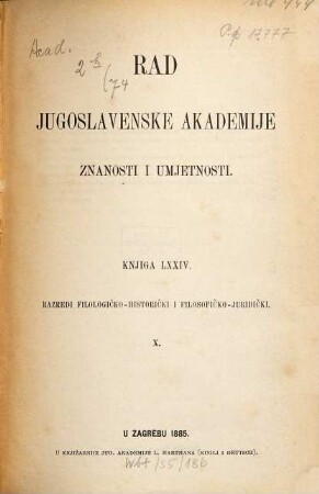 Rad Jugoslavenske Akademije Znanosti i Umjetnosti. 74, 74. 1885