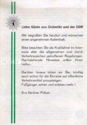 Merk- und Informationsblatt der (West)-Berliner Polizei für Besucher aus der DDR
