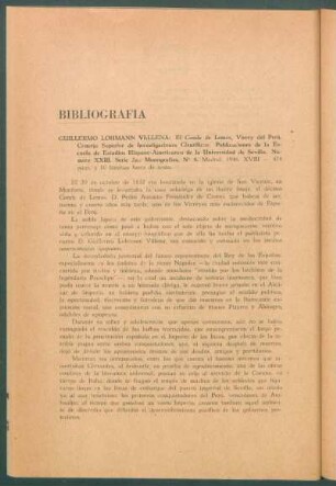 Bibliografía - Guillermo Lohmann Villena: "El Conde de Lemos, Virrey del Perú" [...], Madrid, 1946 [...]