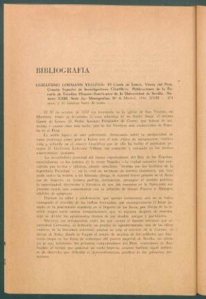 Bibliografía - Guillermo Lohmann Villena: "El Conde de Lemos, Virrey del Perú" [...], Madrid, 1946 [...]