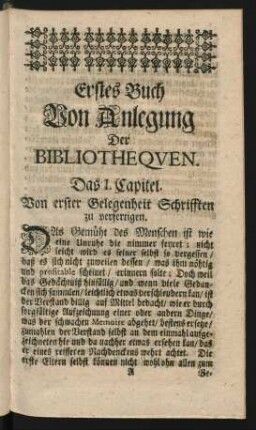 Erstes Buch Von Anlegung der Bibliothequen.