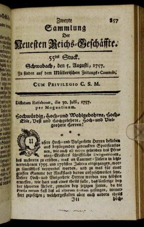 55tes Stuck. Schwabach, den 5. Augusti, 1757.
