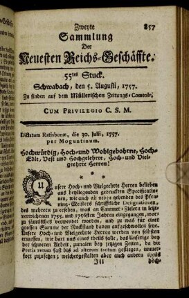 55tes Stuck. Schwabach, den 5. Augusti, 1757.