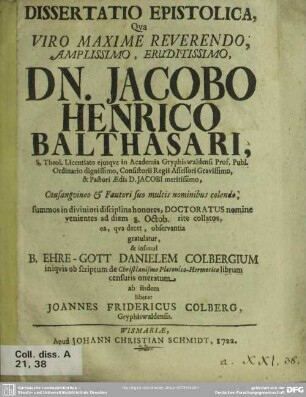 Dissertatio Epistolica, Qua ... Jacobo Henrico Balthasari ... Doctoratus nomine ...