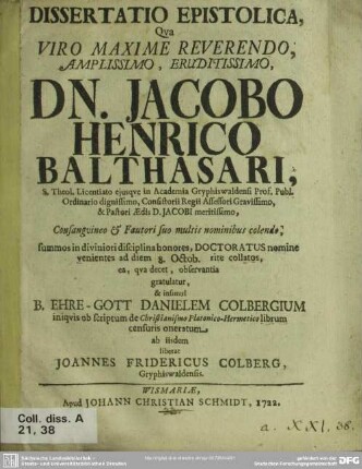 Dissertatio Epistolica, Qua ... Jacobo Henrico Balthasari ... Doctoratus nomine ...