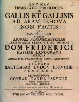 Dissertatio Philologica De Gallis Et Gallinis Ad Aram Iehova Non Factis