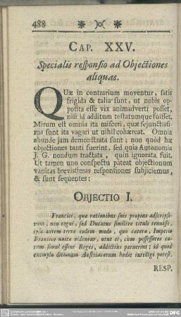 Cap. XXV. Specialis responso ad Obiectiones aliquas