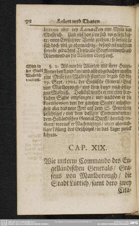 Cap. XIX. Wie unterm Commando des Engelländischen Generals, Grafens von Marlborough, die Stadt Lüttich, samt dero zwey Citadellen, Mens. Oct. Anno 1702. erobert worden