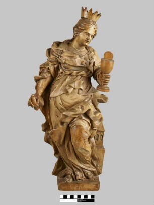 Heilige Barbara mit Krone, Schwert, Kelch und Hostie