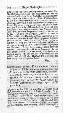Commentatio critica, sistens duorum codicum manusciptorum biblia hebraica continentium, qui Regiomonti Borussorum asservantur.
