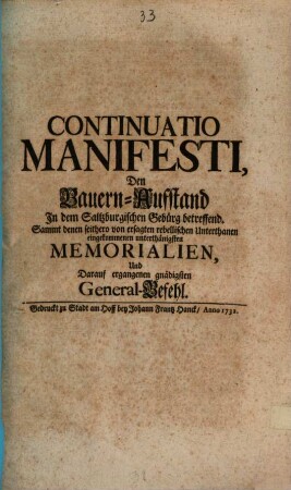 Continuatio Manifesti, den Bauern-Auffstand in dem Saltzburgischen Gebürg betreffend