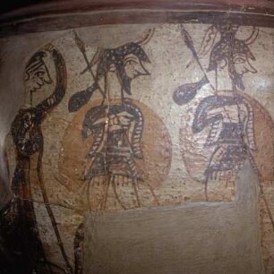 Athen. Archäologisches Nationalmuseum. Kriegervase. Krater mit Doppelhenkeln. Haus in Mykene, 13. Jh. v. Chr. Speer mit Vorratssack Maza