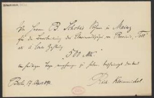 Quittung über Honorar für die Bearbeitung des Klavierauszugs von Gioachino Rossinis "Guillaume Tell" : 17.04.1893