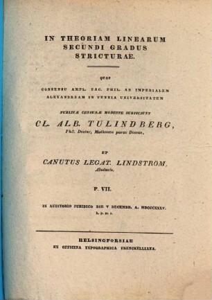 In theoriam linearum secundi gradus stricturae, P. VII